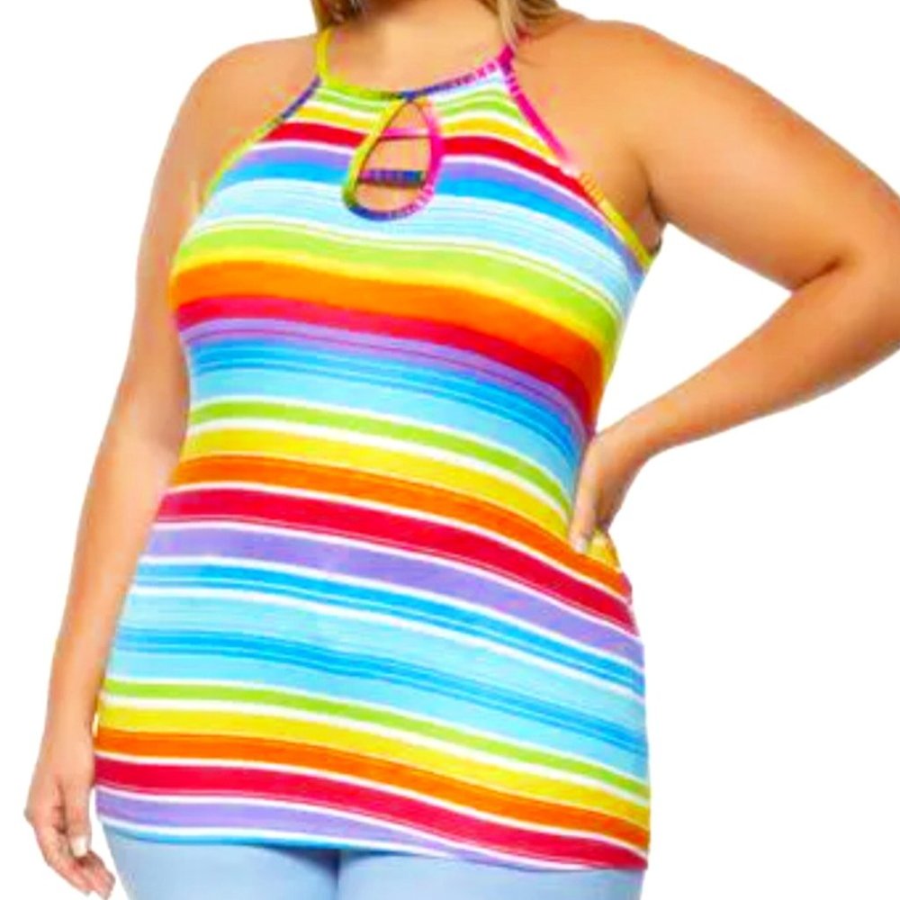 ROUGE COLLECTION RAINBOW STRIPED CAGED CAMI WOMEN'S TOP